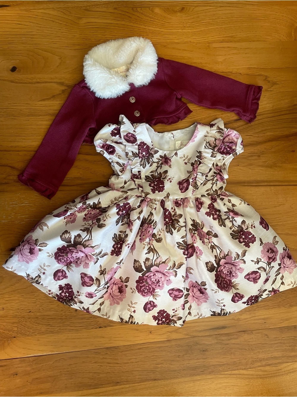Nannette White Floral Party Dress with Burgundy Bolero